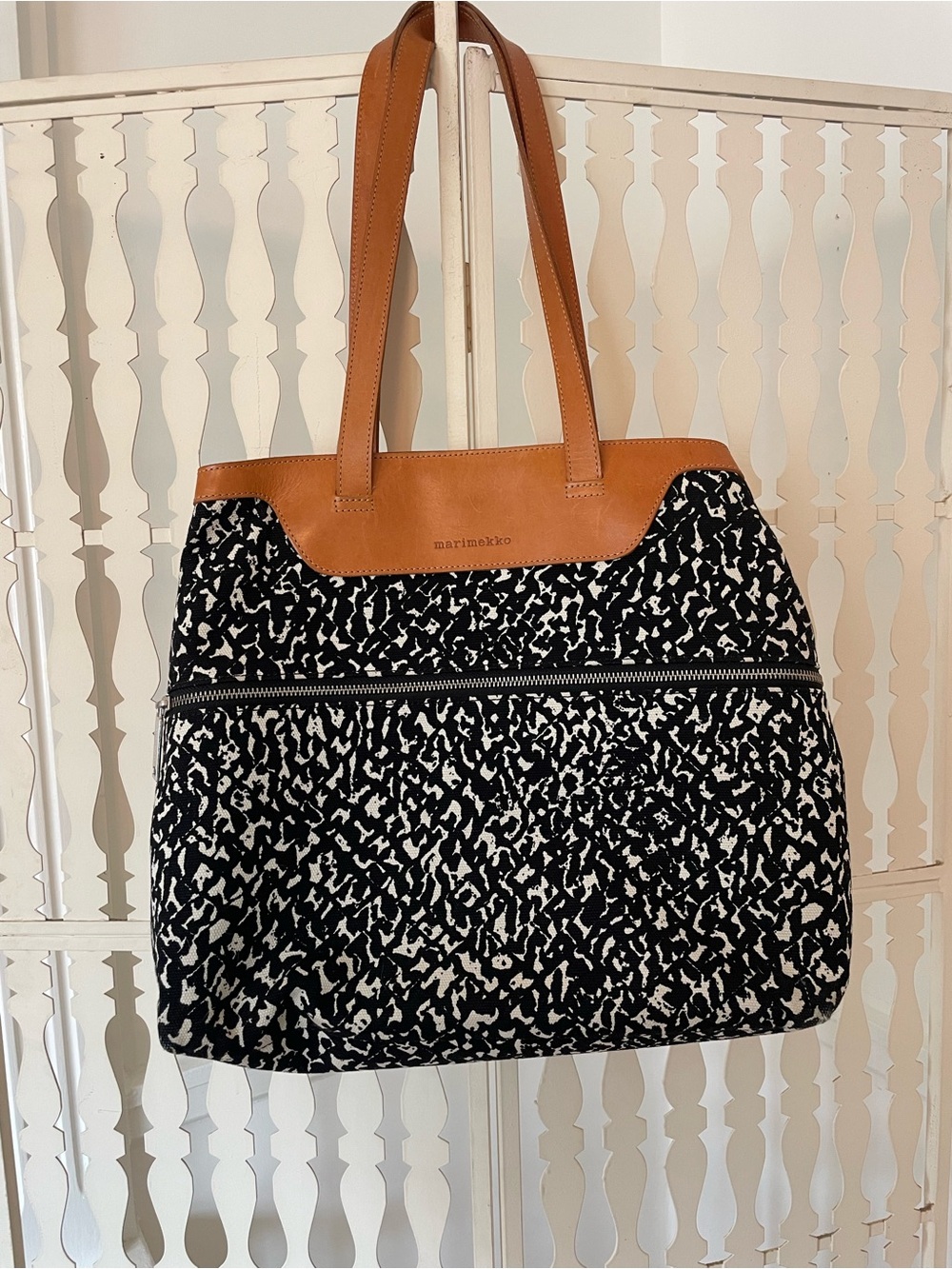 Large Marimekko Black & White Pattern Shoulder Purse with Tan Leather Trim
